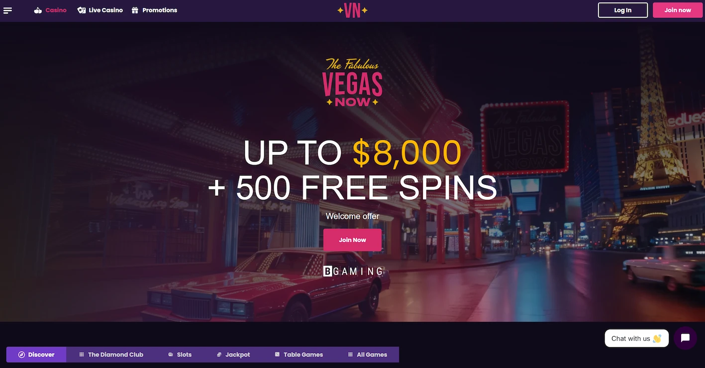 VegasNow casino homepage showing welcome offer and main site navigation